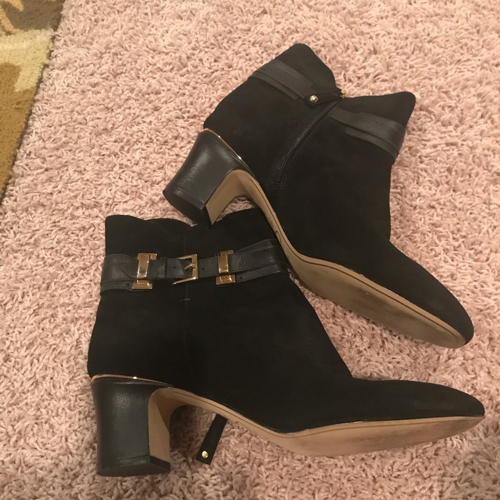 Sassy black suede boots with gold trim
